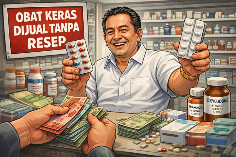 Bos Apotek Gama Cilegon Lepas Dari Jeruzi Besi, Walapun Terbukti Jual Obat Keras Tanpa Resep Dokter, (Dok; Ilustrasi Ai).