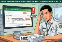 Ilustrasi dokumen rincian APBD Banten 2026 setebal 1.259 halaman yang sempat gagal tayang di portal resmi akibat kesalahan teknis pengunggahan. (Doc)
