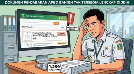 Ilustrasi dokumen rincian APBD Banten 2026 setebal 1.259 halaman yang sempat gagal tayang di portal resmi akibat kesalahan teknis pengunggahan. (Doc)