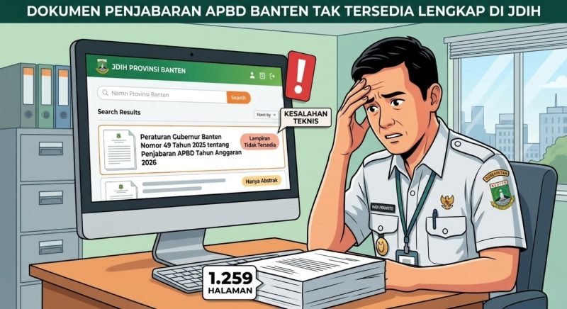 Ilustrasi dokumen rincian APBD Banten 2026 setebal 1.259 halaman yang sempat gagal tayang di portal resmi akibat kesalahan teknis pengunggahan. (Doc)