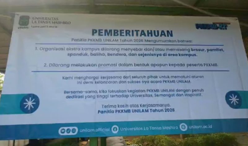 Banner Pemberitahuan Larangan Promosi Organisasi Eksternal UNILAM  Kepada Peserta PKKMB (Pung/totalbanten). 