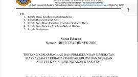 Surat Edaran Kepala Dinas Kesehatan Provinsi Banten Nomor 400.7/3234/DINKES/2026 tentang Kesiapsiagaan dan Perlindungan Kesehatan Masyarakat terhadap Dampak Erupsi dan Sebaran Abu Vulkanik Gunung Anak Krakatau. (Dok)