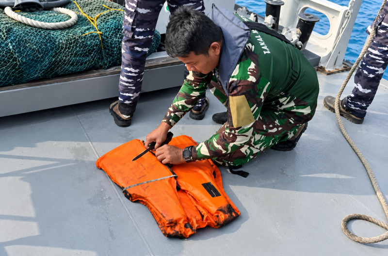 Tim gabungan temukan jaket pelampung di laut saat pencarian 5 jurnalis yang hilang di perairan Selat Sunda. Dok (Ist.Totalbanten.com).