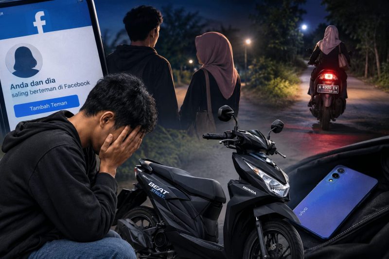 Ilustrasi seorang pria di Tanara, Kabupaten Serang, yang kehilangan sepeda motor Honda Beat Street dan ponsel Vivo Y03 setelah bertemu dengan perempuan yang dikenalnya melalui Facebook. Dok (Ist/Total Banten)