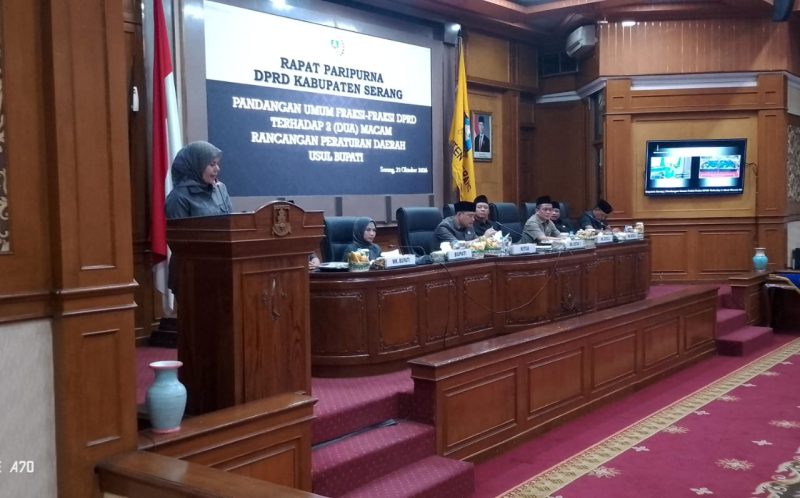 Sri Rezeki, Anggota DPRD Kabupaten Serang, Saat Menyampaikan Dua Pandangan Usul Bupati (Pung/totalbanten). 